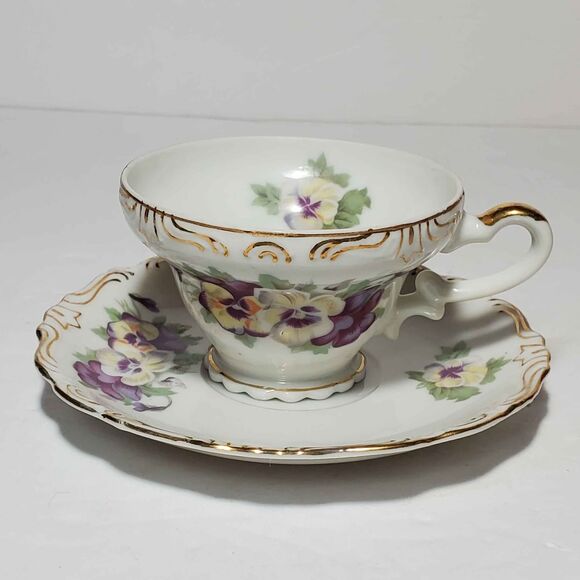 Sterling China Pansy Teacup and Saucer Purple Yellow Vintage - Picture 3 of 10